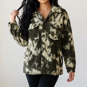 Zara Women’s Green Tie-Dye Corduroy Shacket Button-Up Jacket